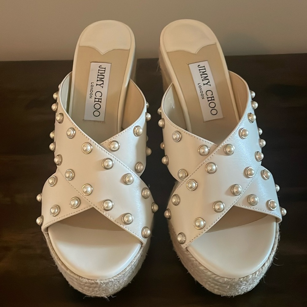 Jimmy Choo White Pearl-Studded Leather Platform Sandals